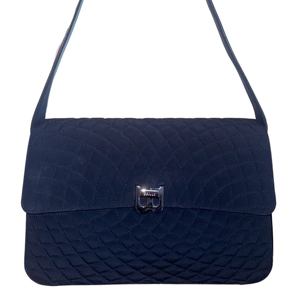 Bally Navy Blue Quilted Shoulder Bag with Turnlock and Teal Leather Trim